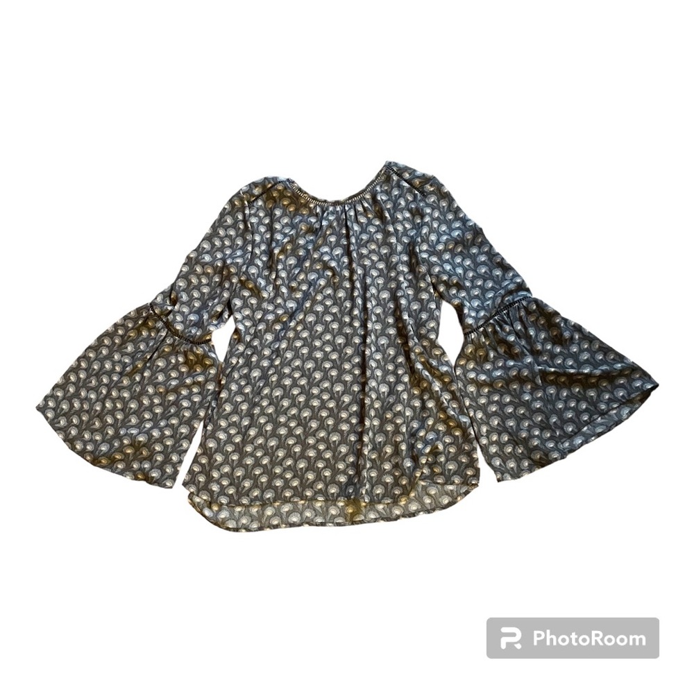 LOFT blouse w/ round neck & deep V back & tie at the neck - fancy sleeve - EUC